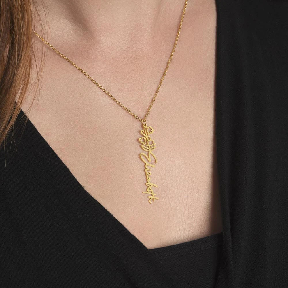 18k yellow gold personalized birth flower name necklace May Lily of the Valley for her showcase on neck