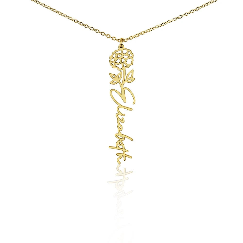 18k yellow gold personalized birth flower name necklace October Marigold for her