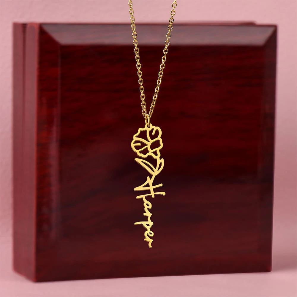 18k yellow gold personalized birth flower name necklace September Morning Glory for her luxury box
