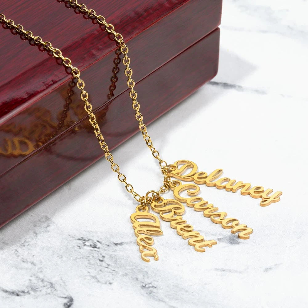 18k yellow gold personalized four vertical names necklace luxury box