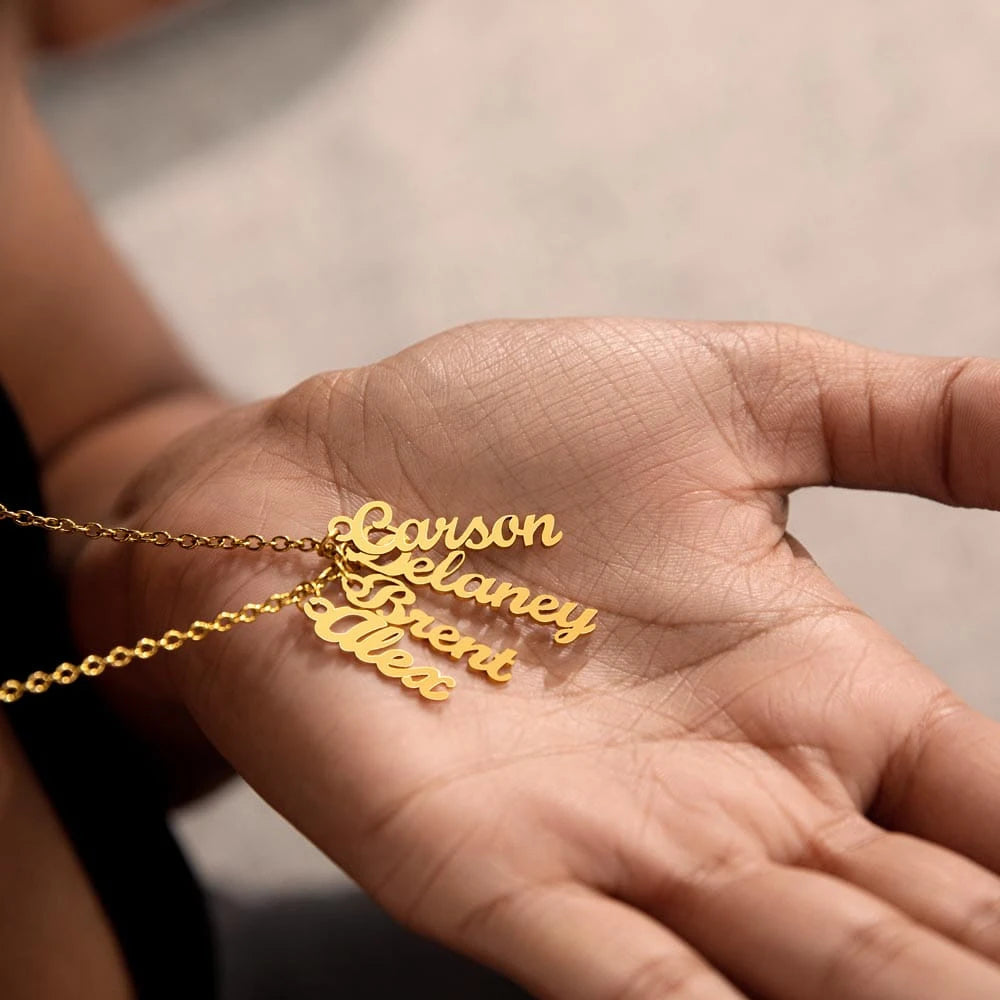 18k yellow gold personalized four vertical names necklace showcase in hand