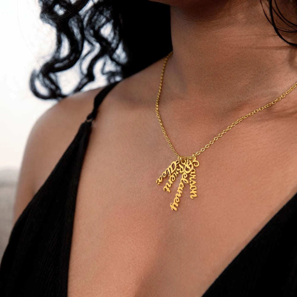 18k yellow gold personalized four vertical names necklace showcase on neck