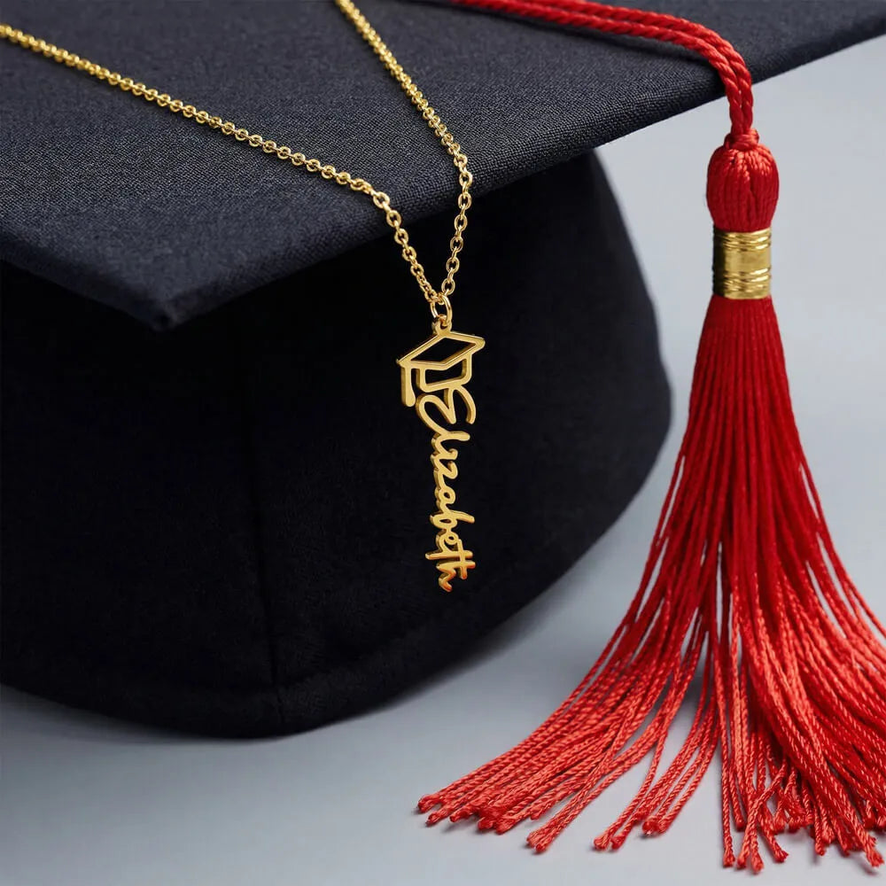 18k yellow gold personalized graduation cap necklace showcase