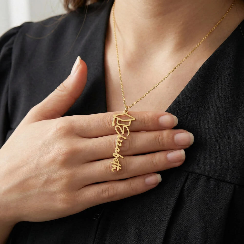18k yellow gold personalized graduation cap necklace showcase on neck