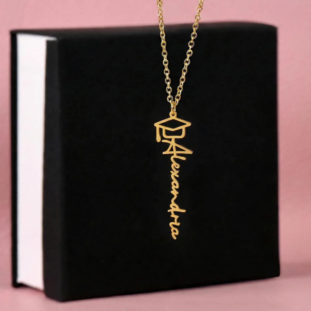 18k yellow gold personalized graduation cap necklace standard box