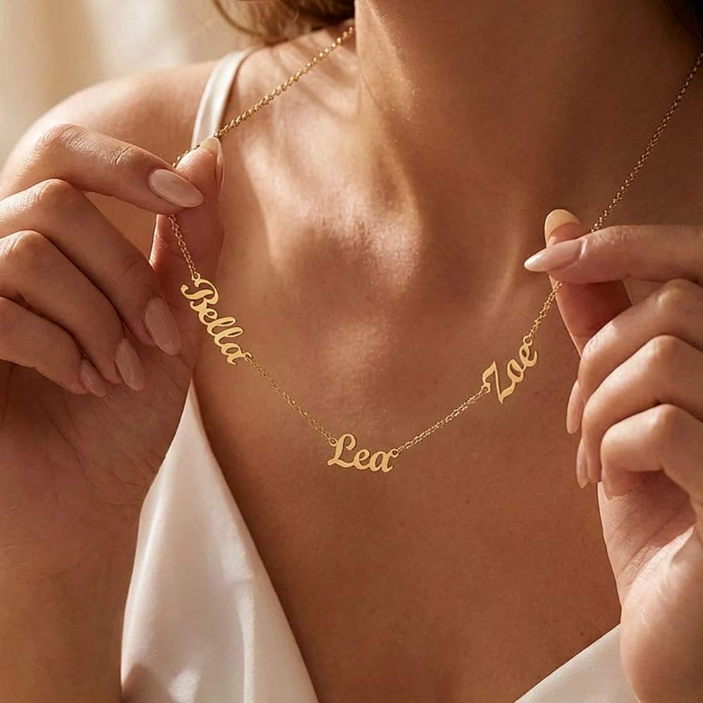 18k yellow gold personalized multiple name necklace three names showcase