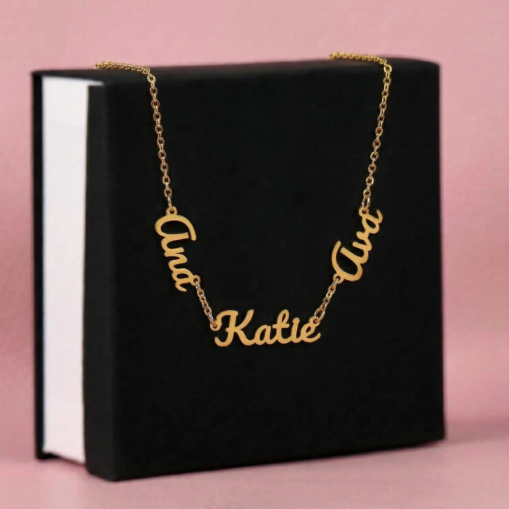 18k yellow gold personalized multiple name necklace three names standard box