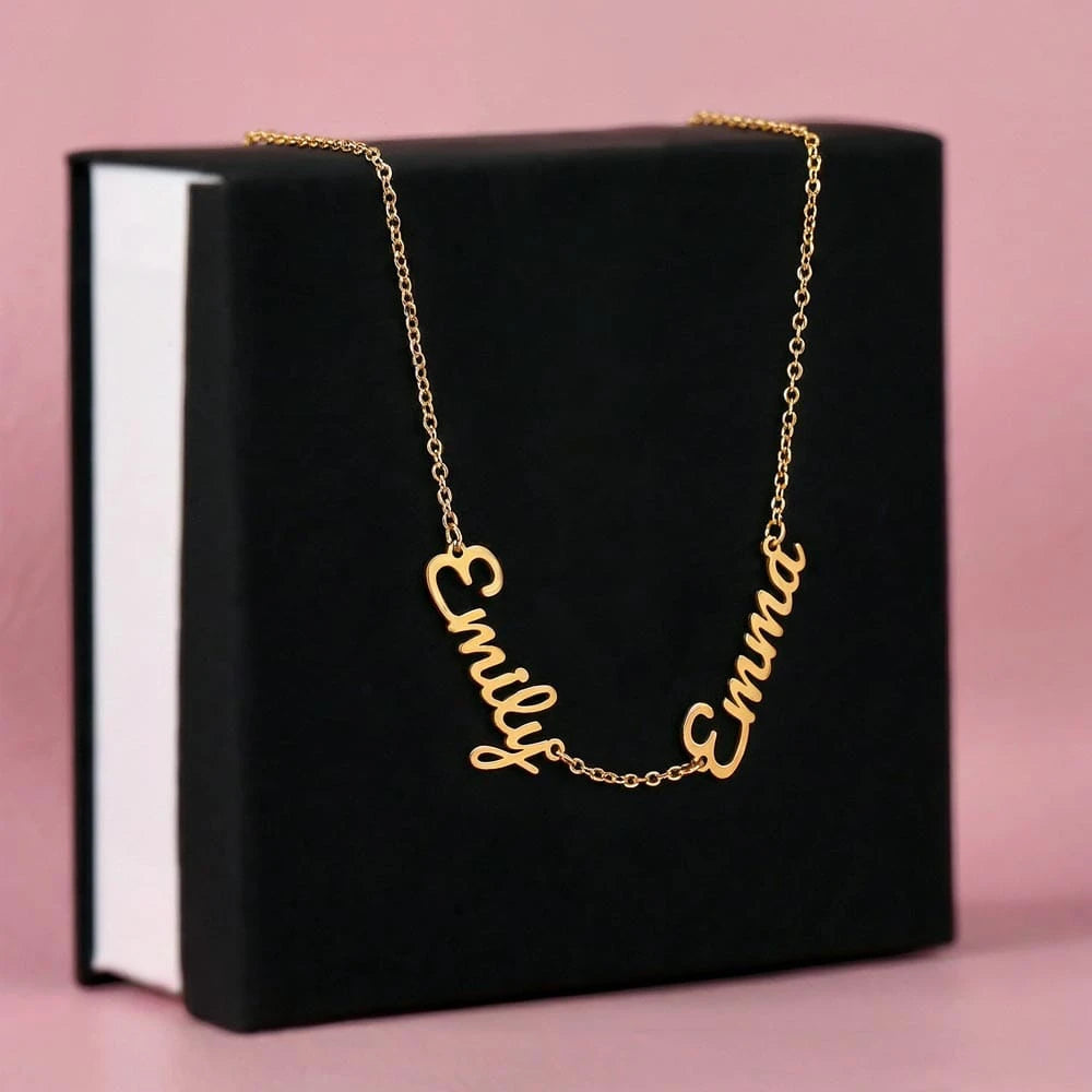 18k yellow gold personalized multiple name necklace two names standard box