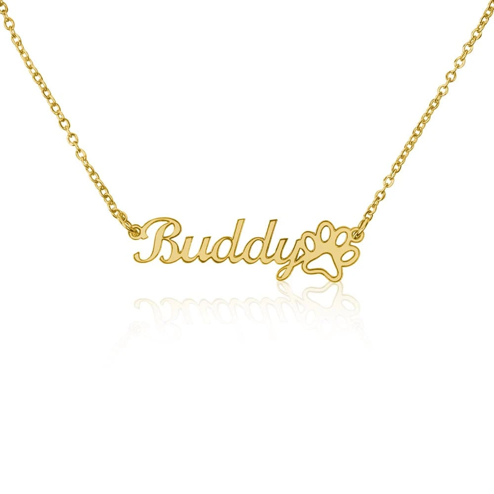 18k yellow gold personalized paw print name necklace for pet lover