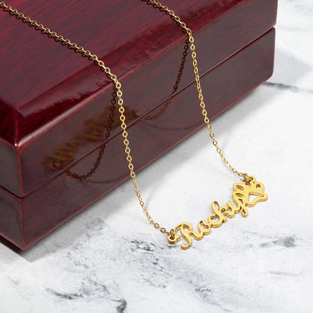 18k yellow gold personalized paw print name necklace for pet lover luxury box