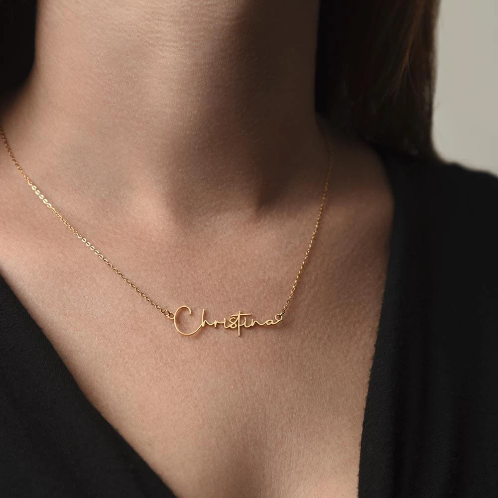 18k yellow gold personalized signature name necklace for her showcase on neck