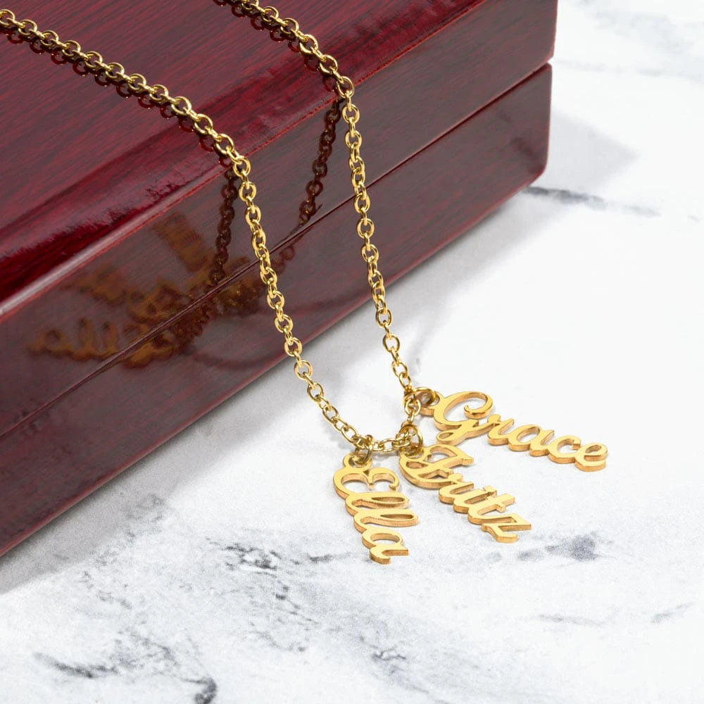 18k yellow gold personalized three vertical names necklace luxury box