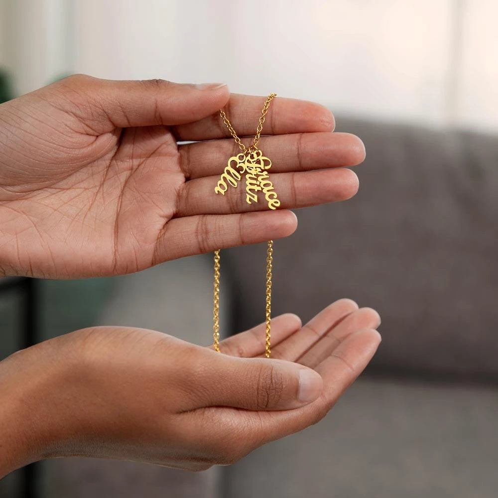 18k yellow gold personalized three vertical names necklace showcase in hand