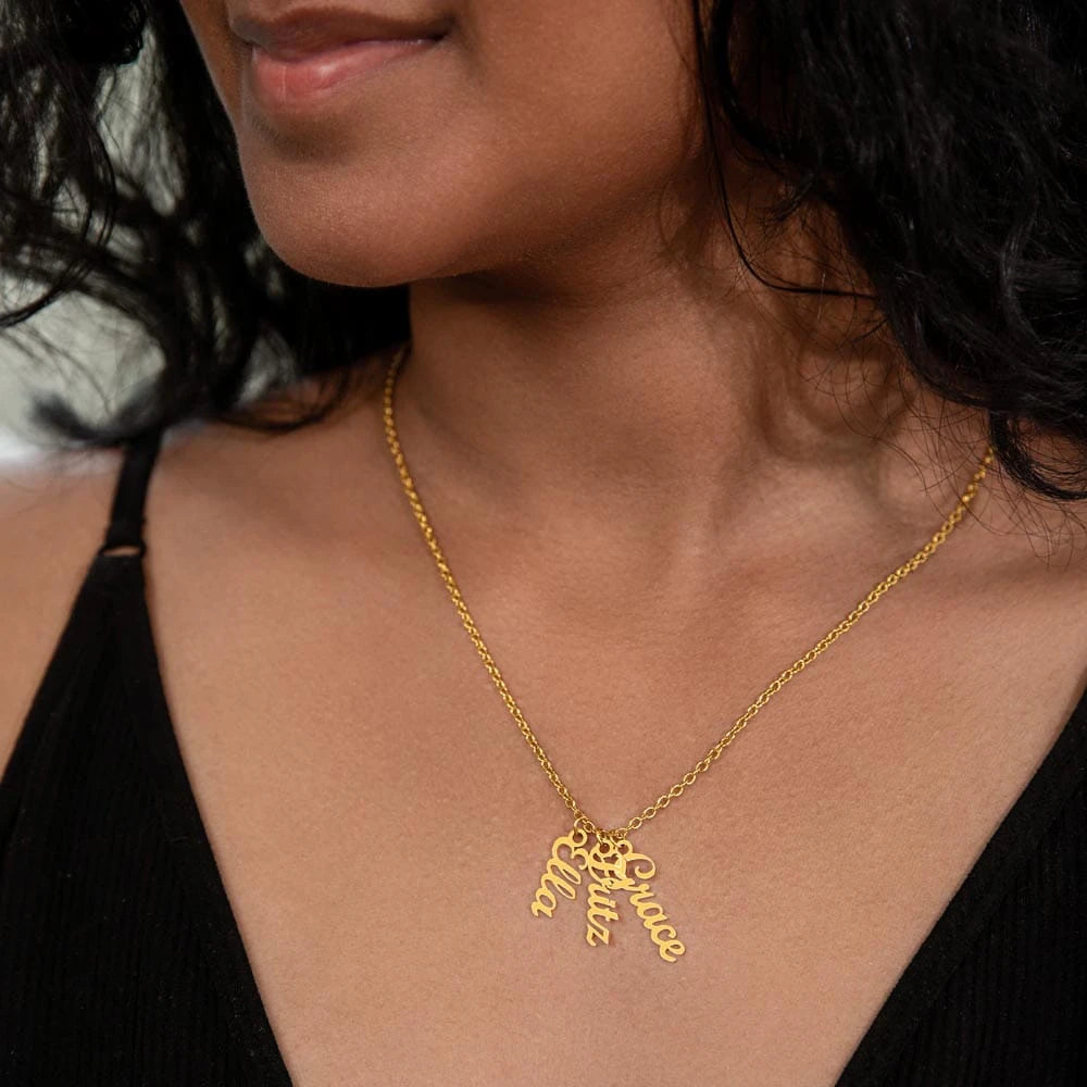 18k yellow gold personalized three vertical names necklace showcase on neck