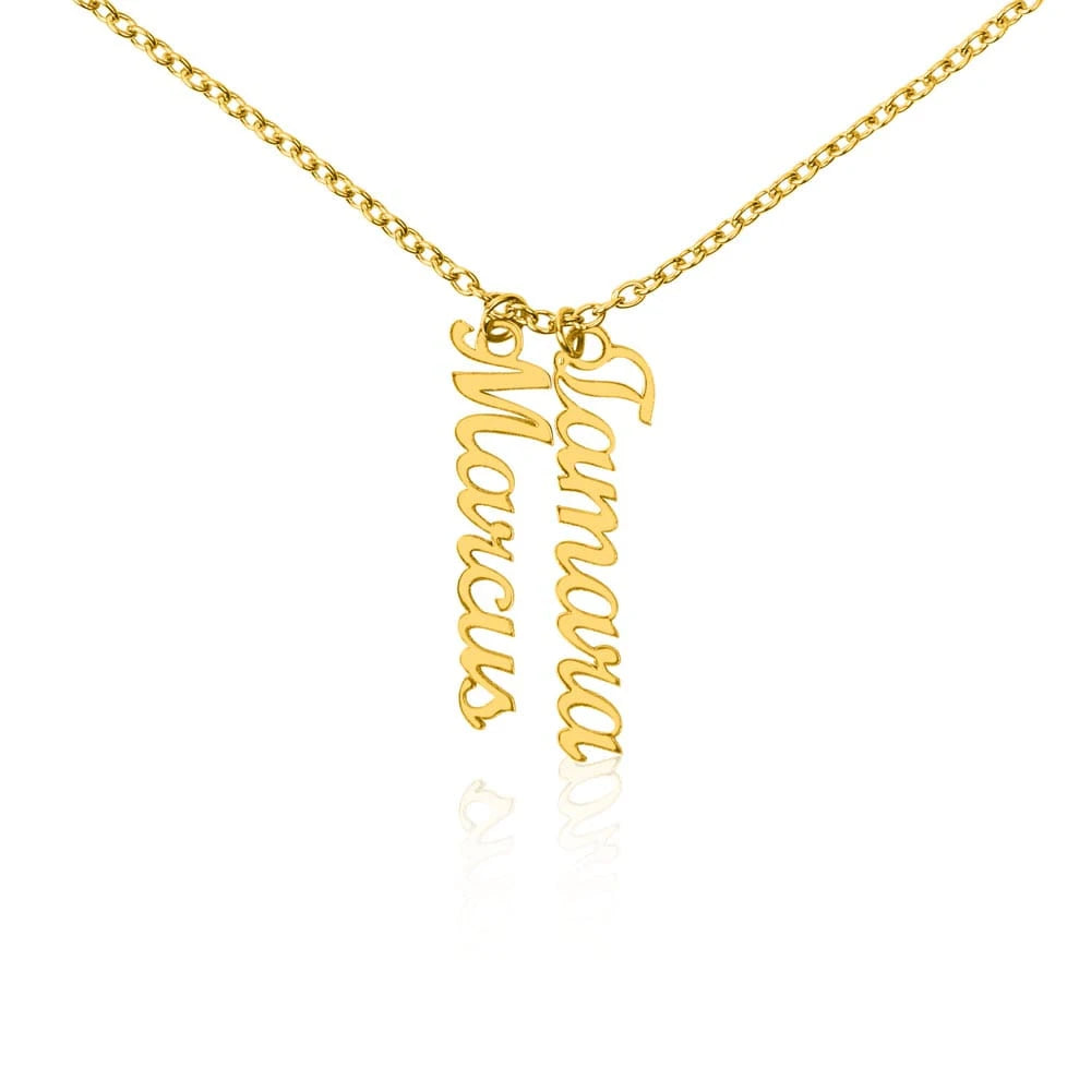 18k yellow gold personalized two vertical names necklace showcase