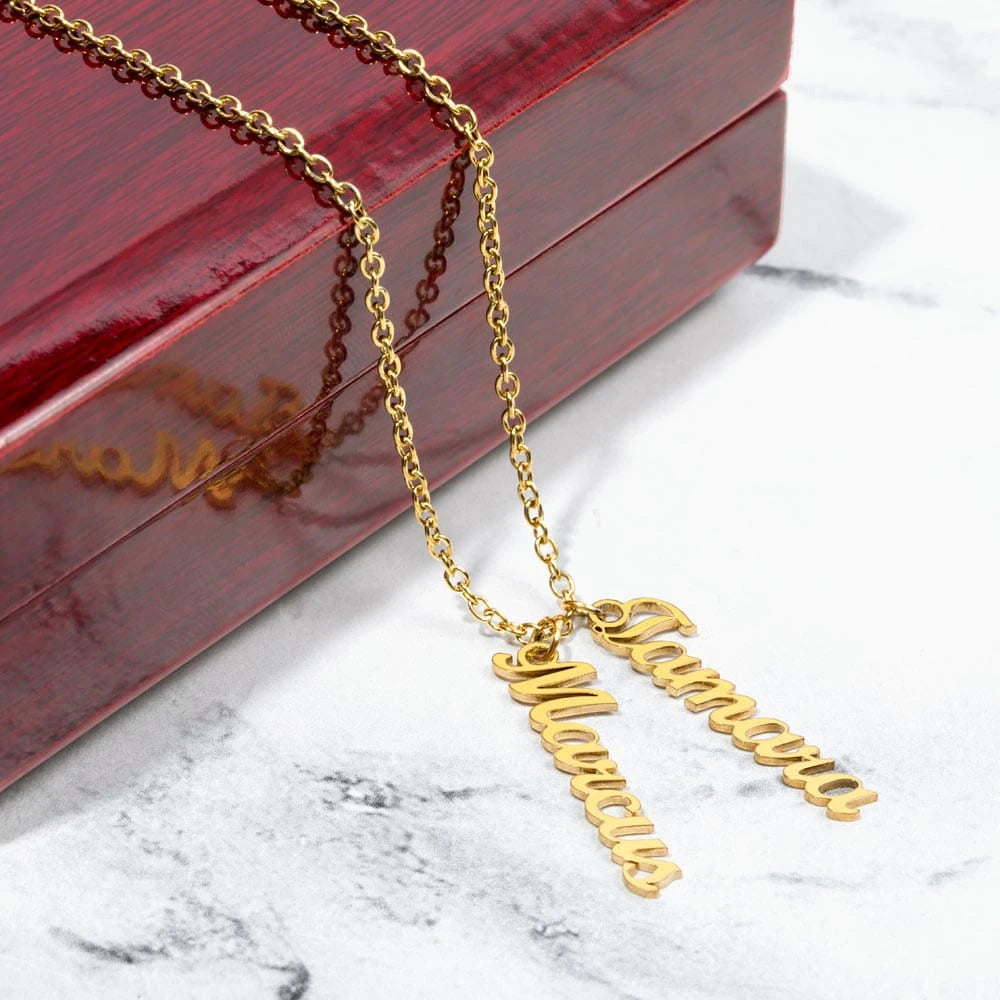 18k yellow gold personalized two vertical names necklace showcase luxury box