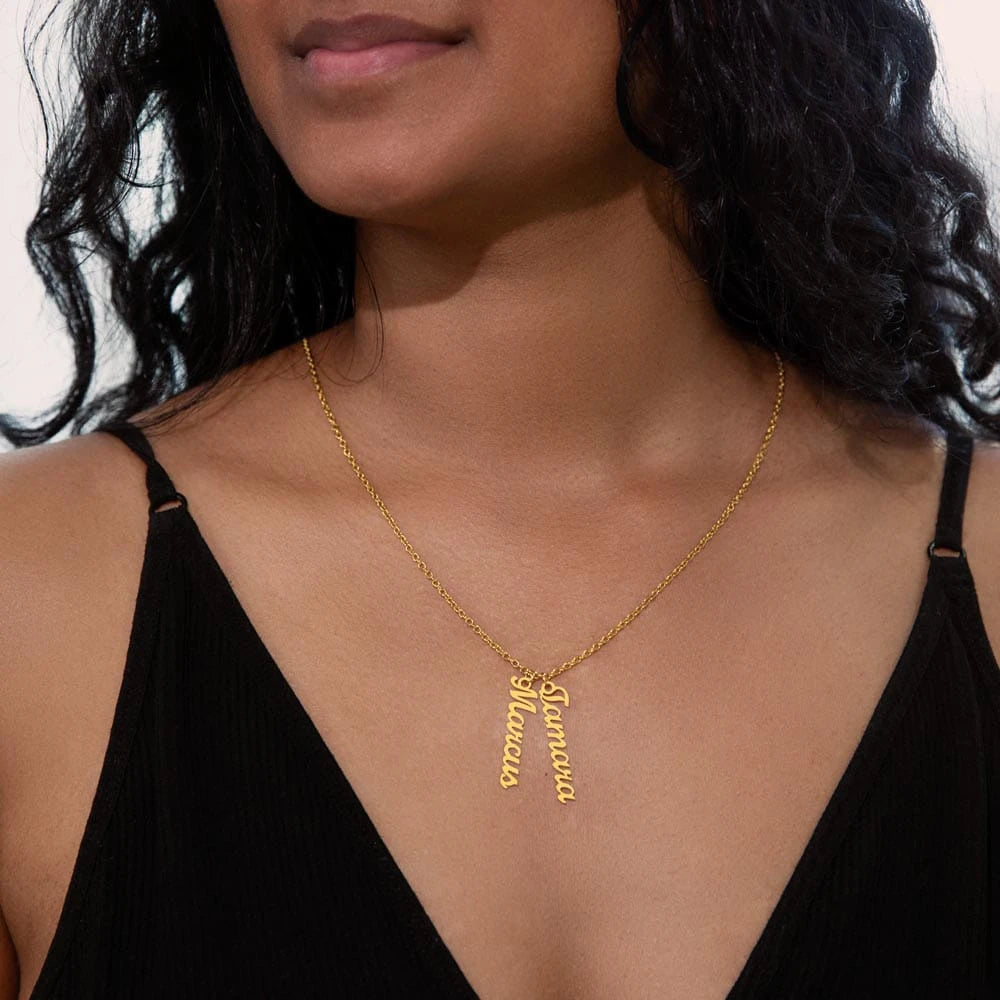 18k yellow gold personalized two vertical names necklace showcase on neck