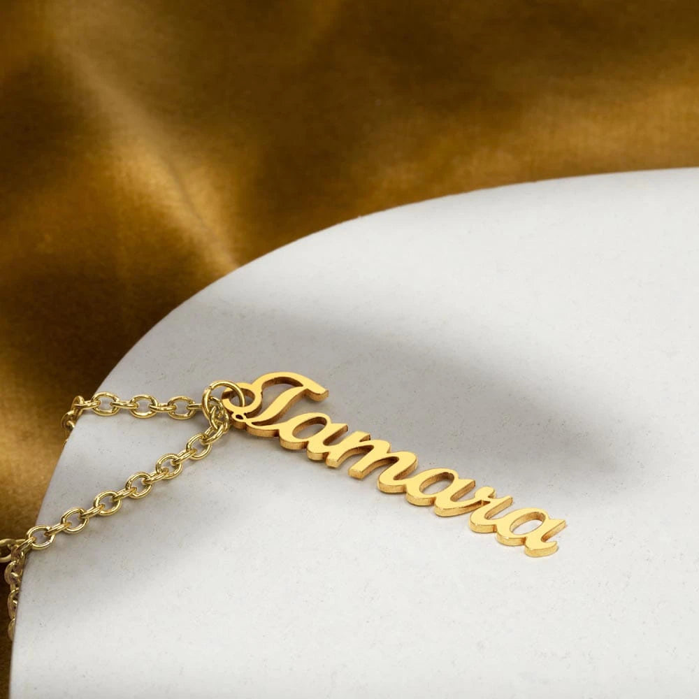 18k yellow gold personalized vertical name necklace for her showcase