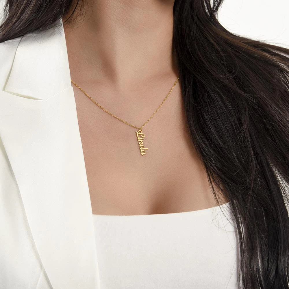 18k yellow gold personalized vertical name necklace for her showcase on neck
