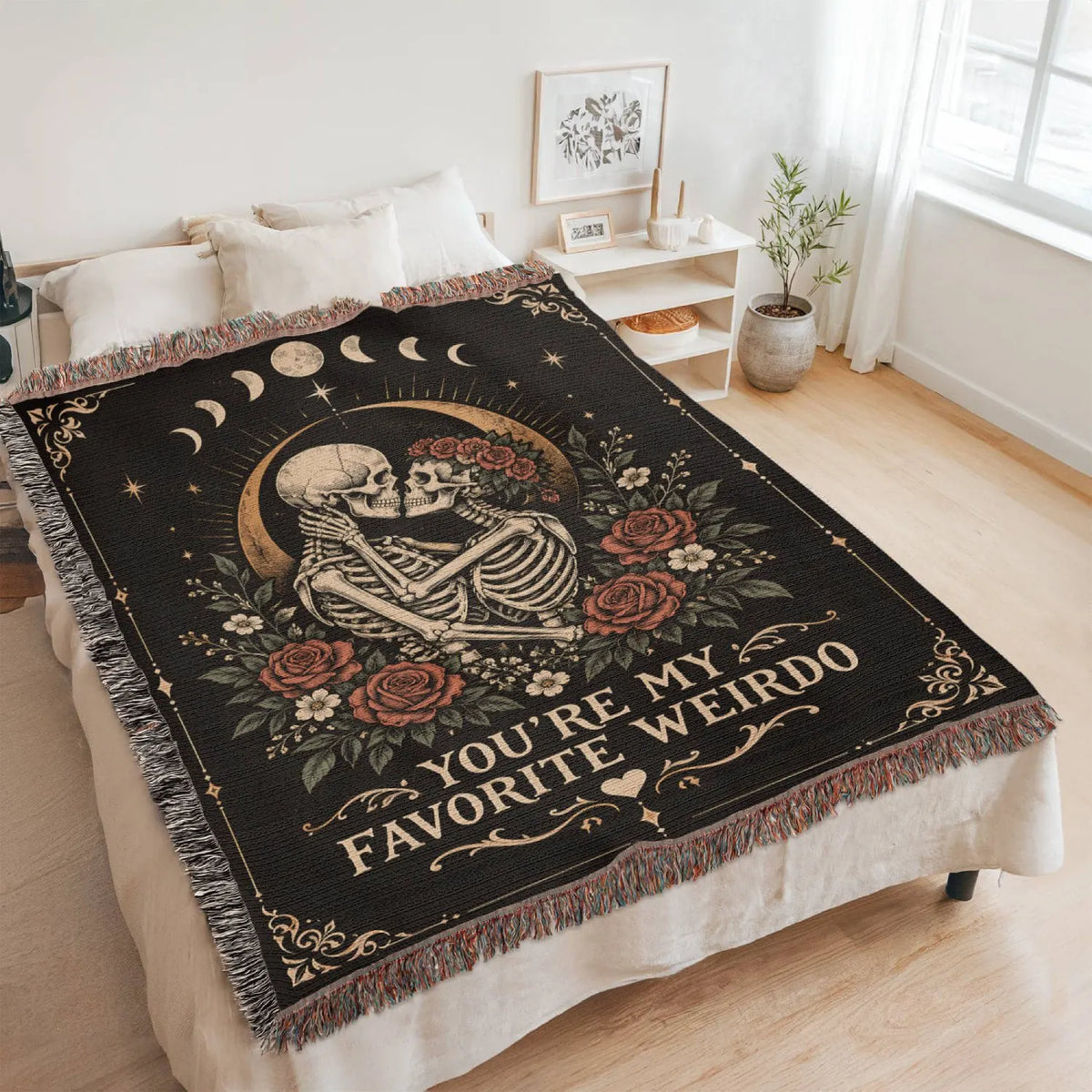 60x80 Portrait Heirloom Woven Blanket for Soulmate Favorite Weirdo Showcase On Bed