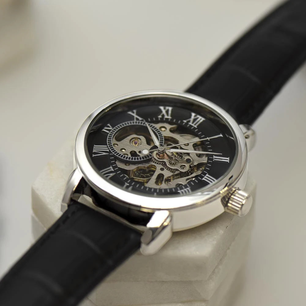 Automatic Skeleton Mechanical Watch Back For Dad - Open-work Dial Display On The Table