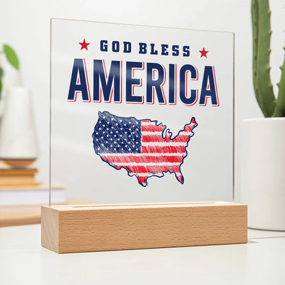 Battery Powered LED Base Acrylic Square Plaque God Bless America