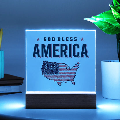 Battery Powered LED Base Acrylic Square Plaque God Bless America Display Blue Light
