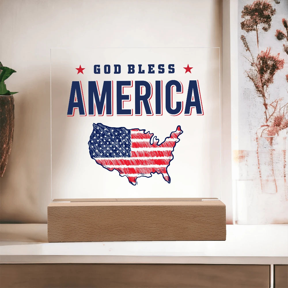 Battery Powered LED Base Acrylic Square Plaque God Bless America Display On The Table