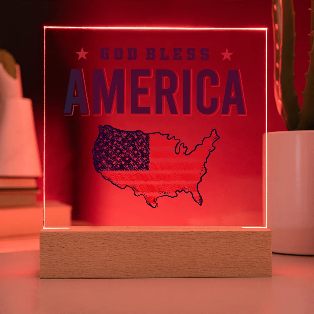 Battery Powered LED Base Acrylic Square Plaque God Bless America Display Red Light