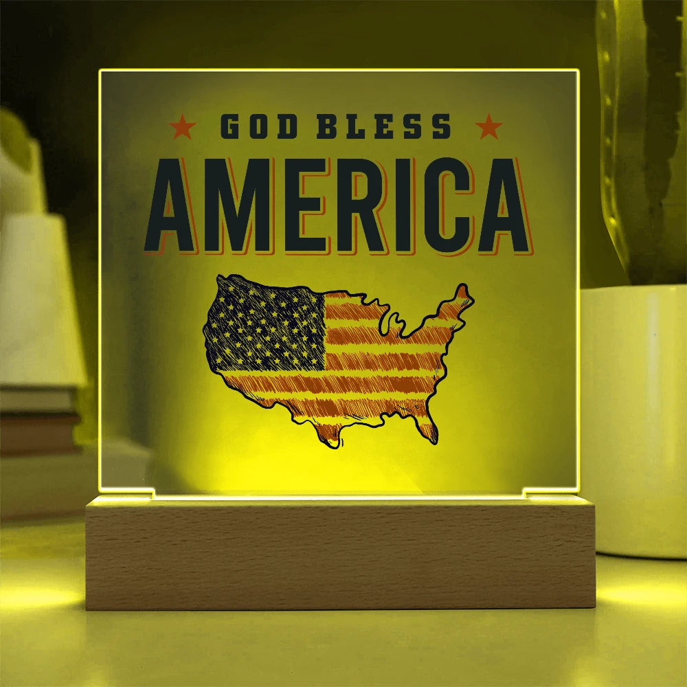 Battery Powered LED Base Acrylic Square Plaque God Bless America Display Yellow Light
