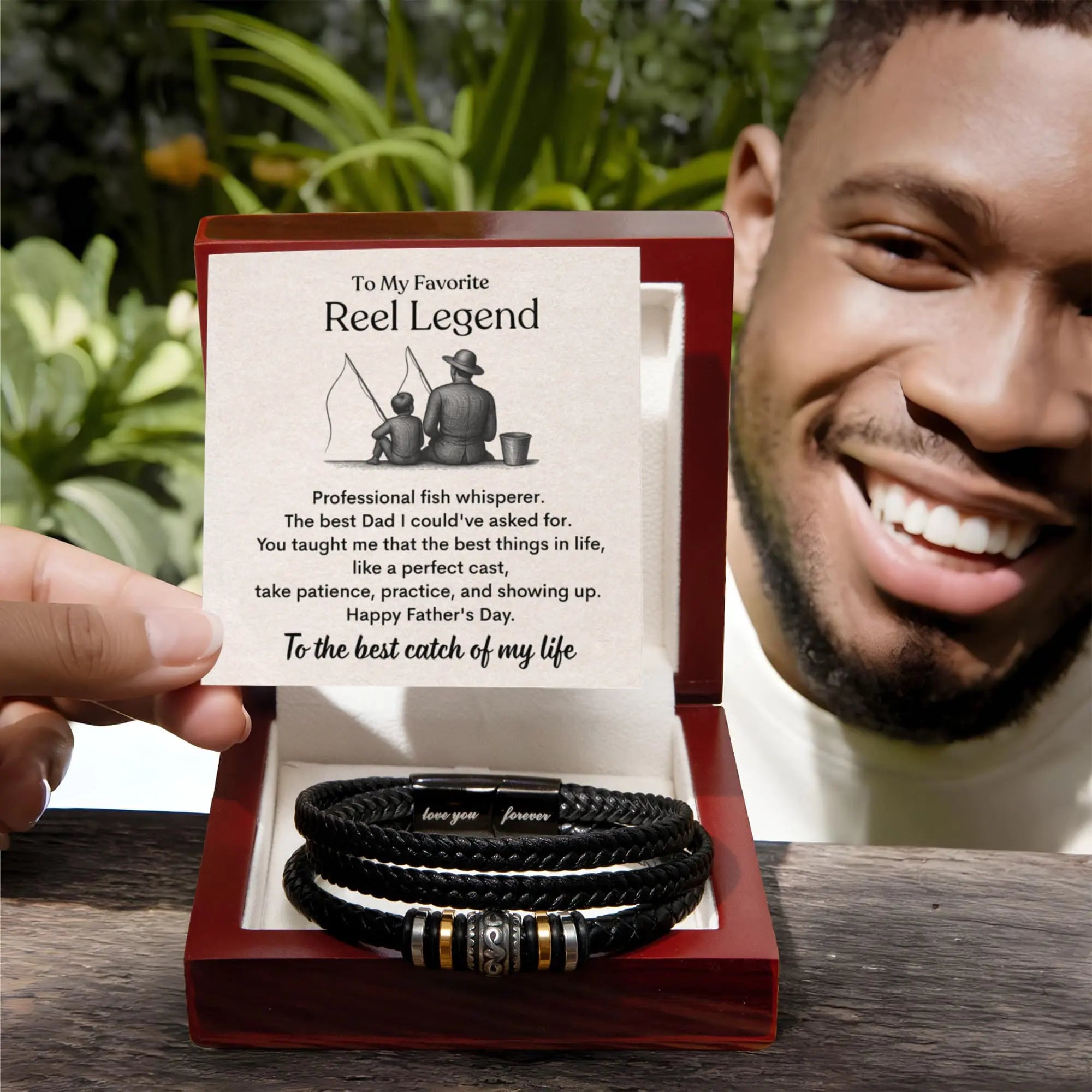 Braided vegan leather band Love You Forever Bracelet for Fishing Dad Reel Legend With Message Card Luxury Box