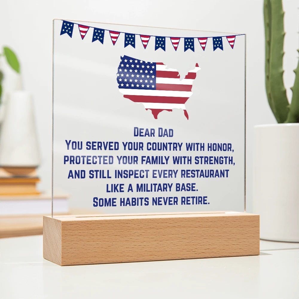 Corded Wooden Base LED Square Acrylic Plaque Gift For Military Dad Never Retire