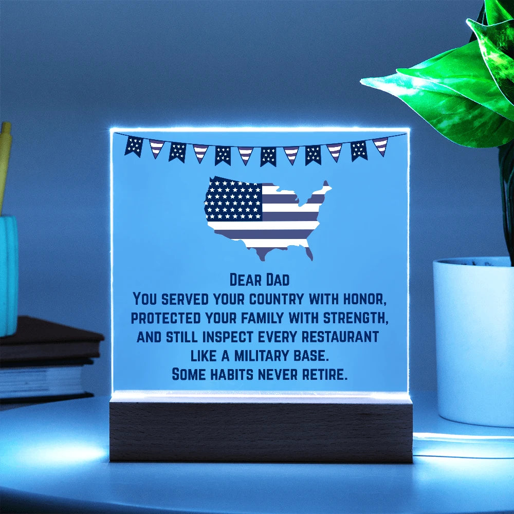 Corded Wooden Base LED Square Acrylic Plaque Gift For Military Dad Never Retire Blue Light