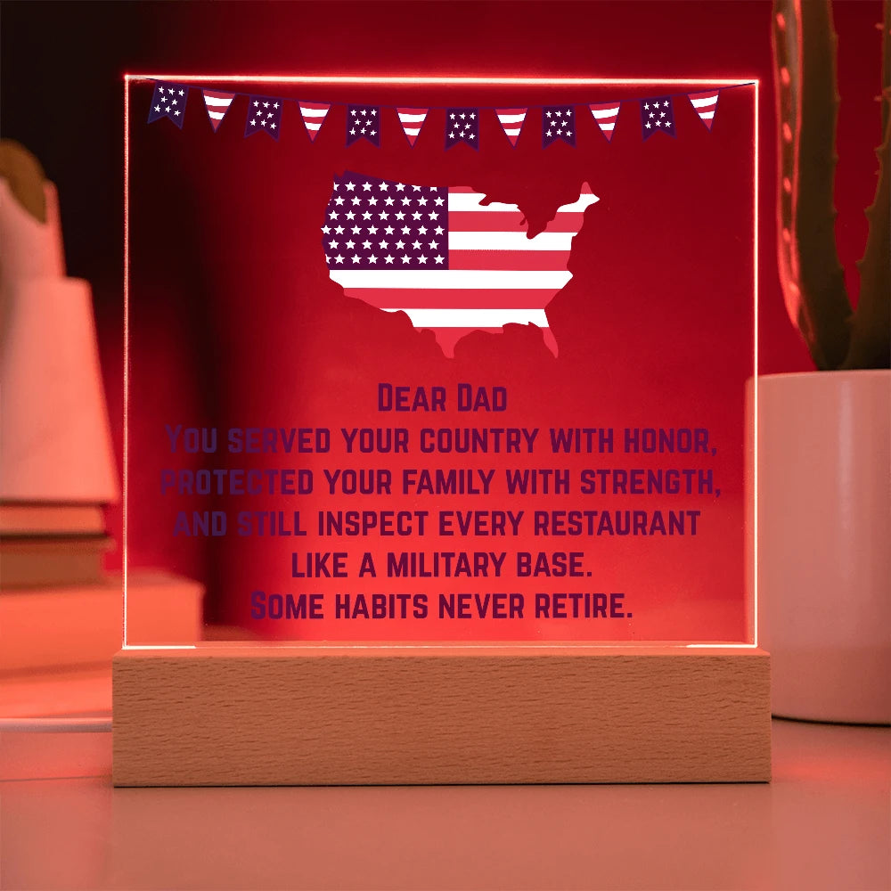 Corded Wooden Base LED Square Acrylic Plaque Gift For Military Dad Never Retire Red Light