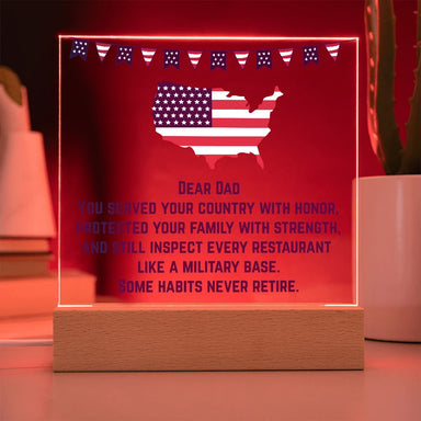 Corded Wooden Base LED Square Acrylic Plaque Gift For Military Dad Never Retire Red Light