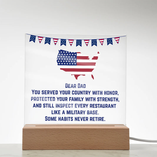 Corded Wooden Base LED Square Acrylic Plaque Gift For Military Dad Never Retire Showcase