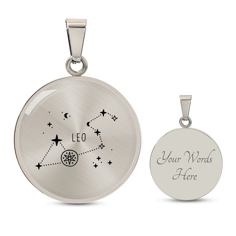 Custom Engraved Leo Zodiac Star Sign Circle Pendant Necklace