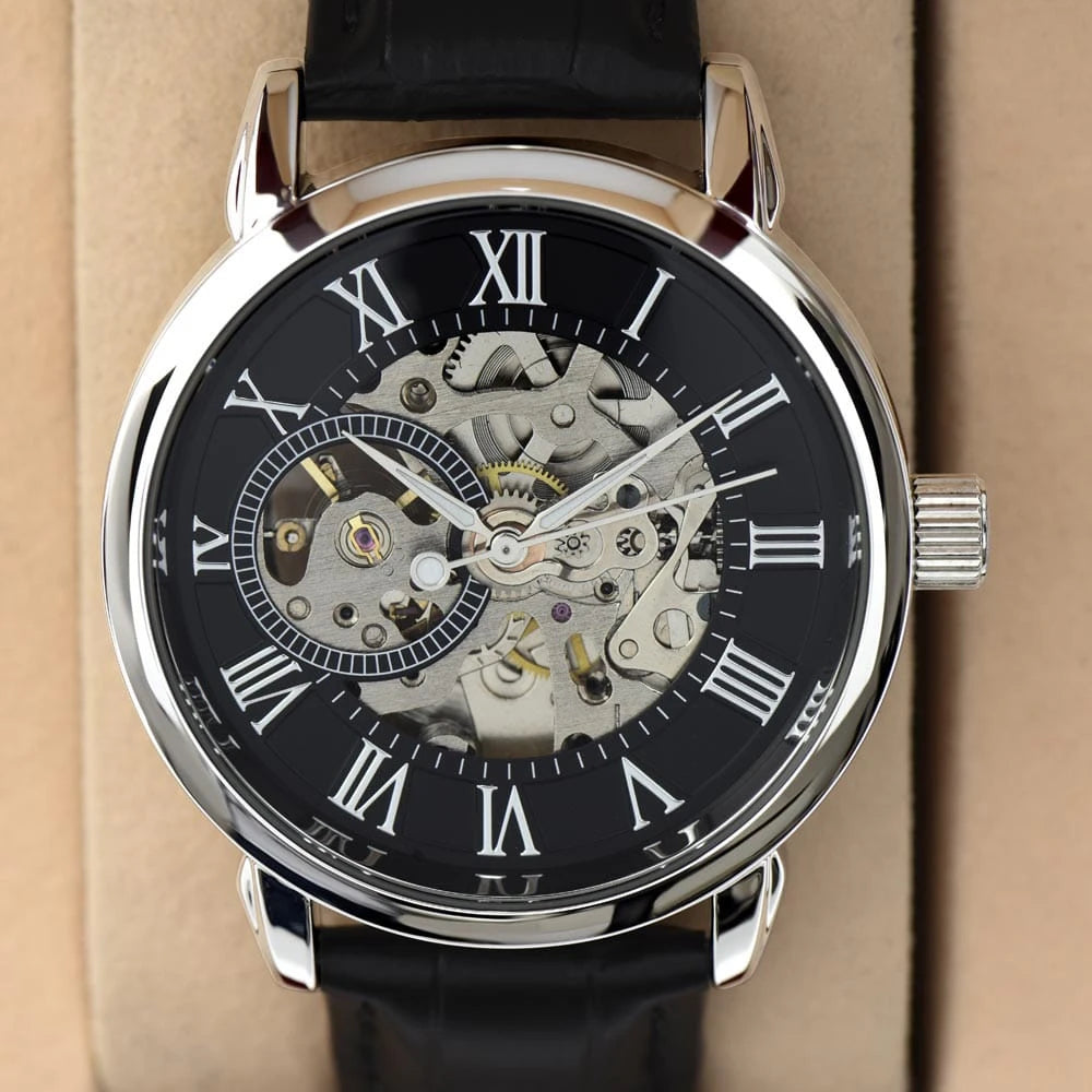 Genuine Black Leather Band Men‘s Skeleton Mechanical Watch for Fishing Dad Fishing Lures