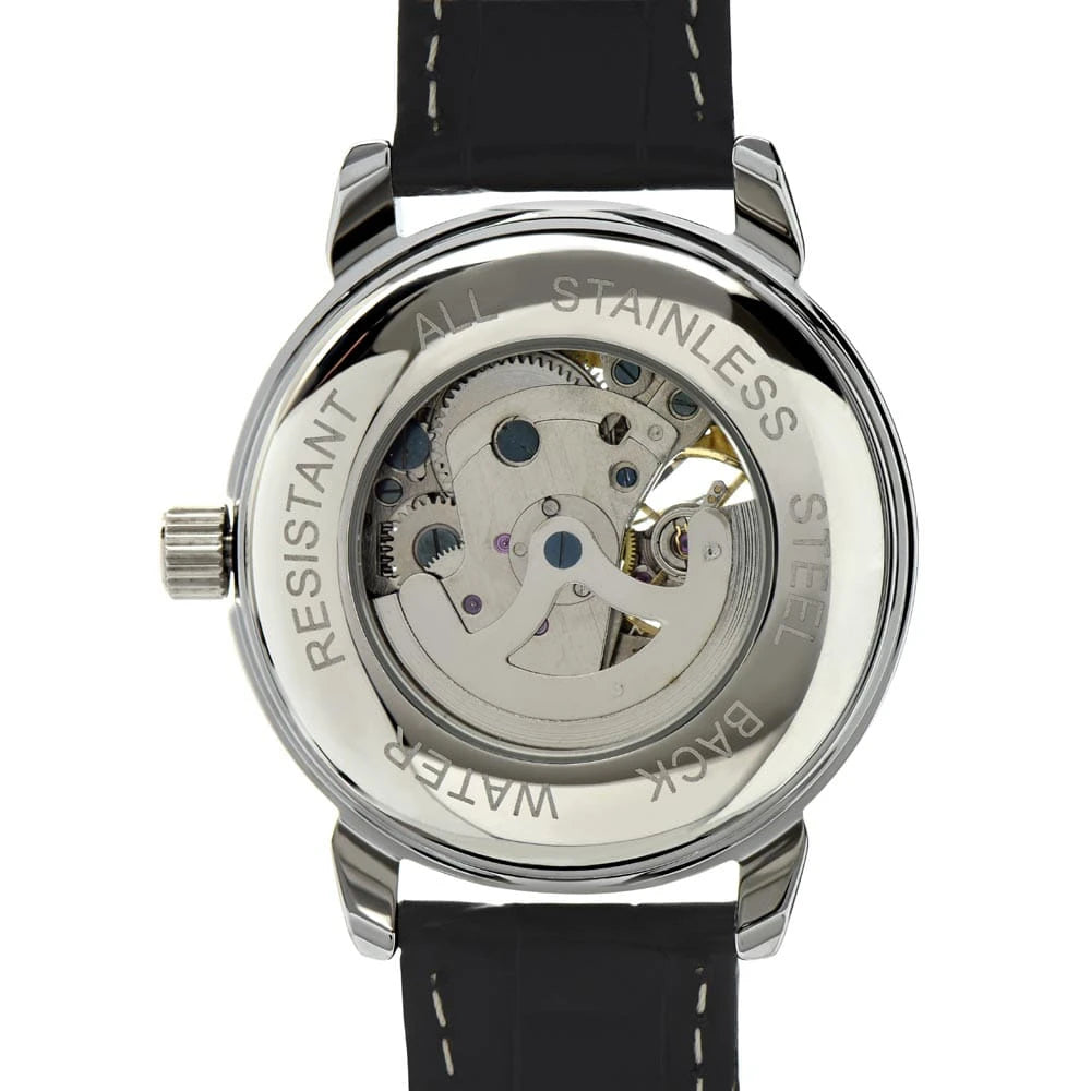 Genuine Black Leather Band Men‘s Skeleton Mechanical Watch for Fishing Dad Fishing Lures Back