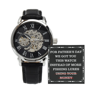 Genuine Black Leather Band Men‘s Skeleton Mechanical Watch for Fishing Dad Fishing Lures Message Card