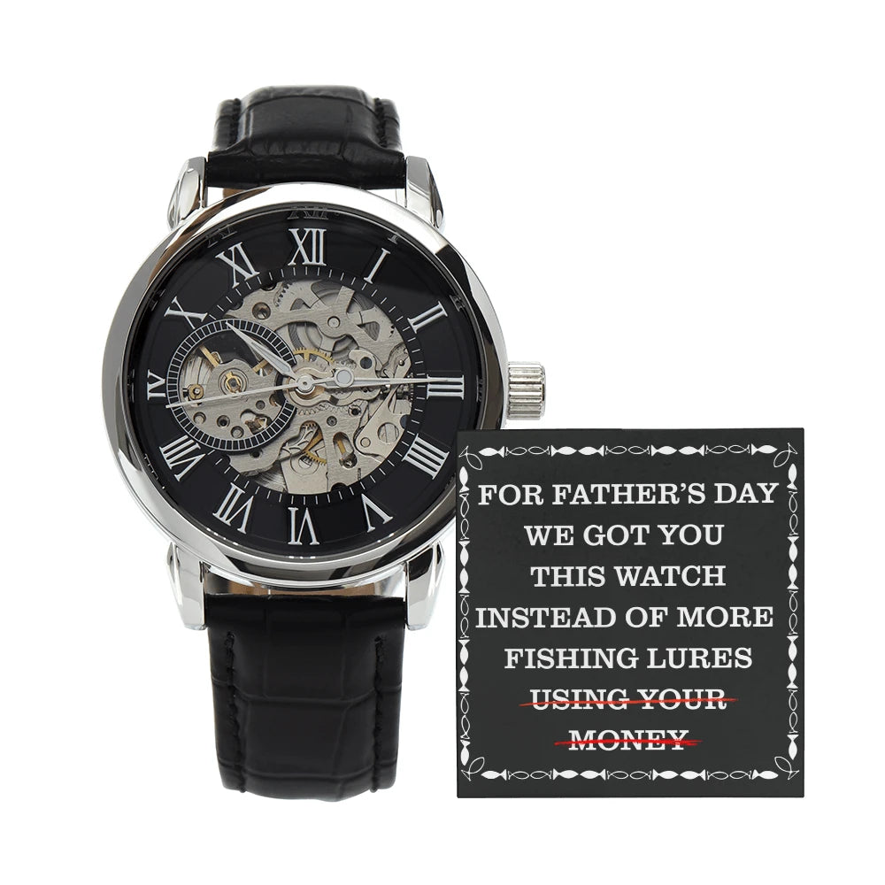 Genuine Black Leather Band Men‘s Skeleton Mechanical Watch for Fishing Dad Fishing Lures Message Card