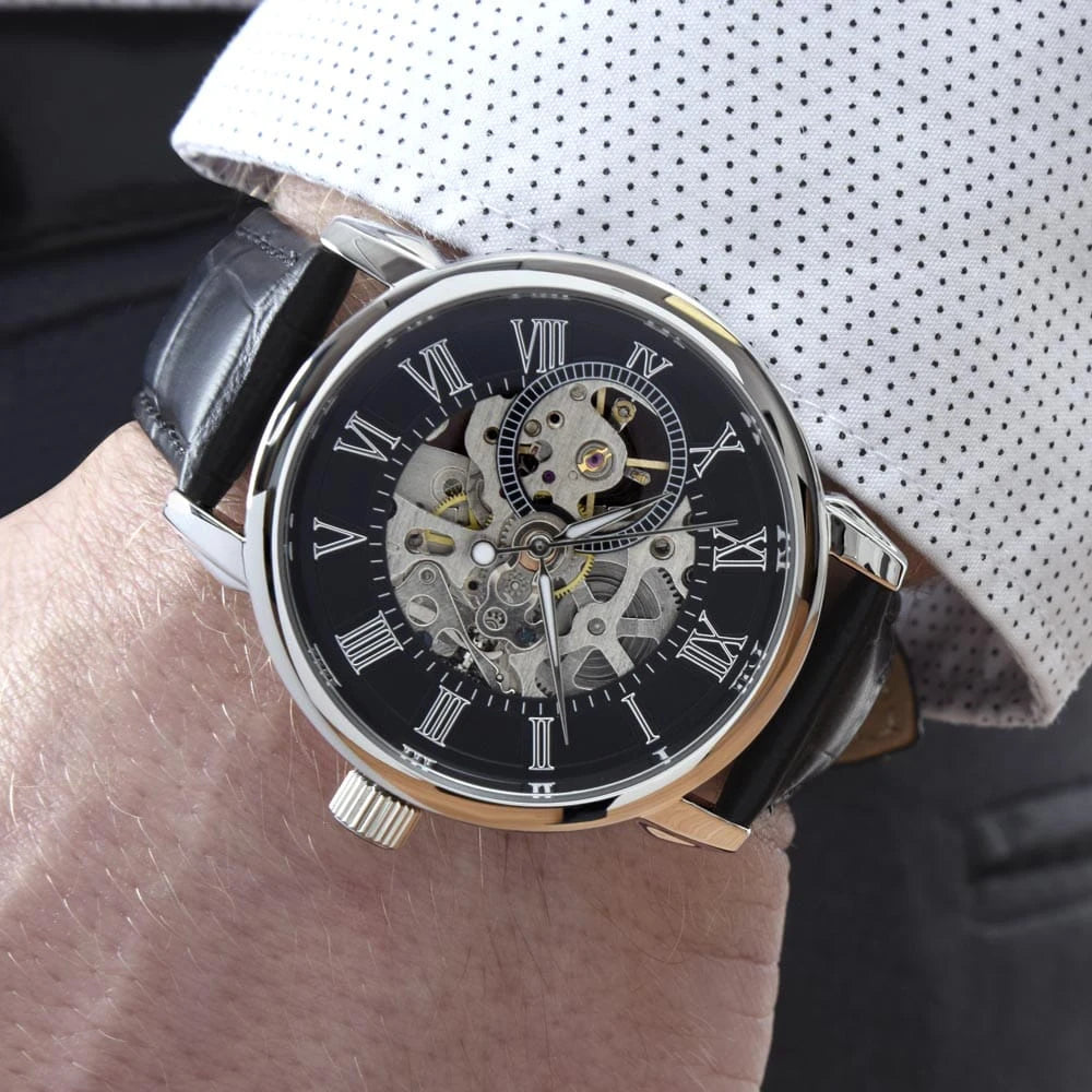 Genuine Black Leather Band Men‘s Skeleton Mechanical Watch for Fishing Dad Fishing Lures Showcase