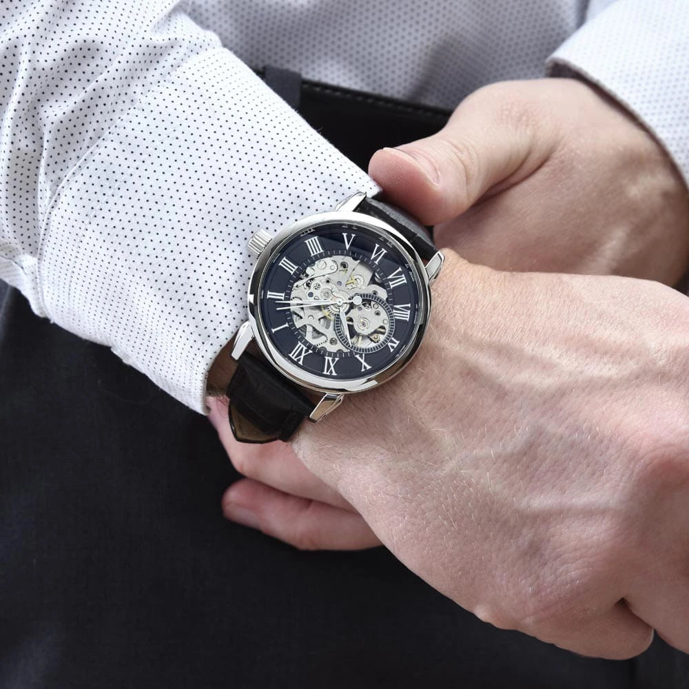 Genuine Black Leather Band Men‘s Skeleton Mechanical Watch for Fishing Dad Fishing Lures Showcase On Wrist