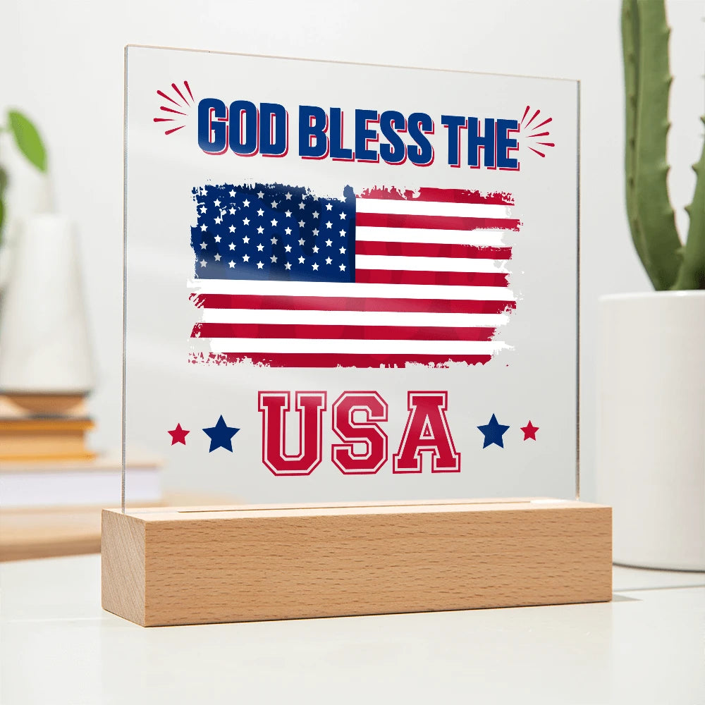God Bless The USA Battery Powered LED Base Acrylic Square Plaque Gift