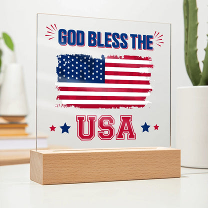 God Bless The USA Battery Powered LED Base Acrylic Square Plaque Gift
