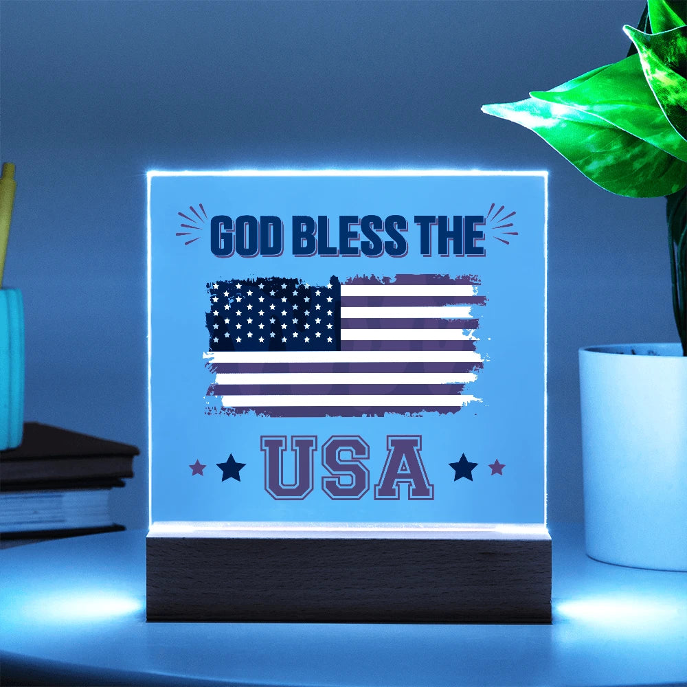 God Bless The USA Battery Powered LED Base Acrylic Square Plaque Gift Display Blue Light
