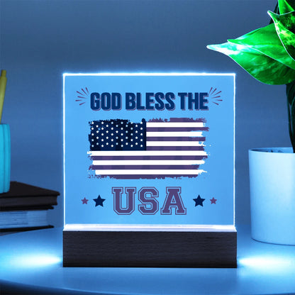 God Bless The USA Battery Powered LED Base Acrylic Square Plaque Gift Display Blue Light