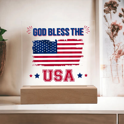 God Bless The USA Battery Powered LED Base Acrylic Square Plaque Gift Display On The Table