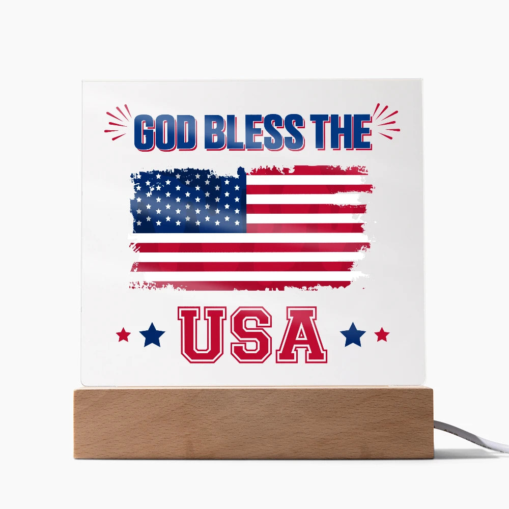 God Bless The USA LED Corded Base Acrylic Square Plaque Gift