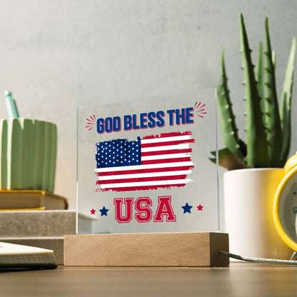 God Bless The USA LED Corded Base Acrylic Square Plaque Gift Display